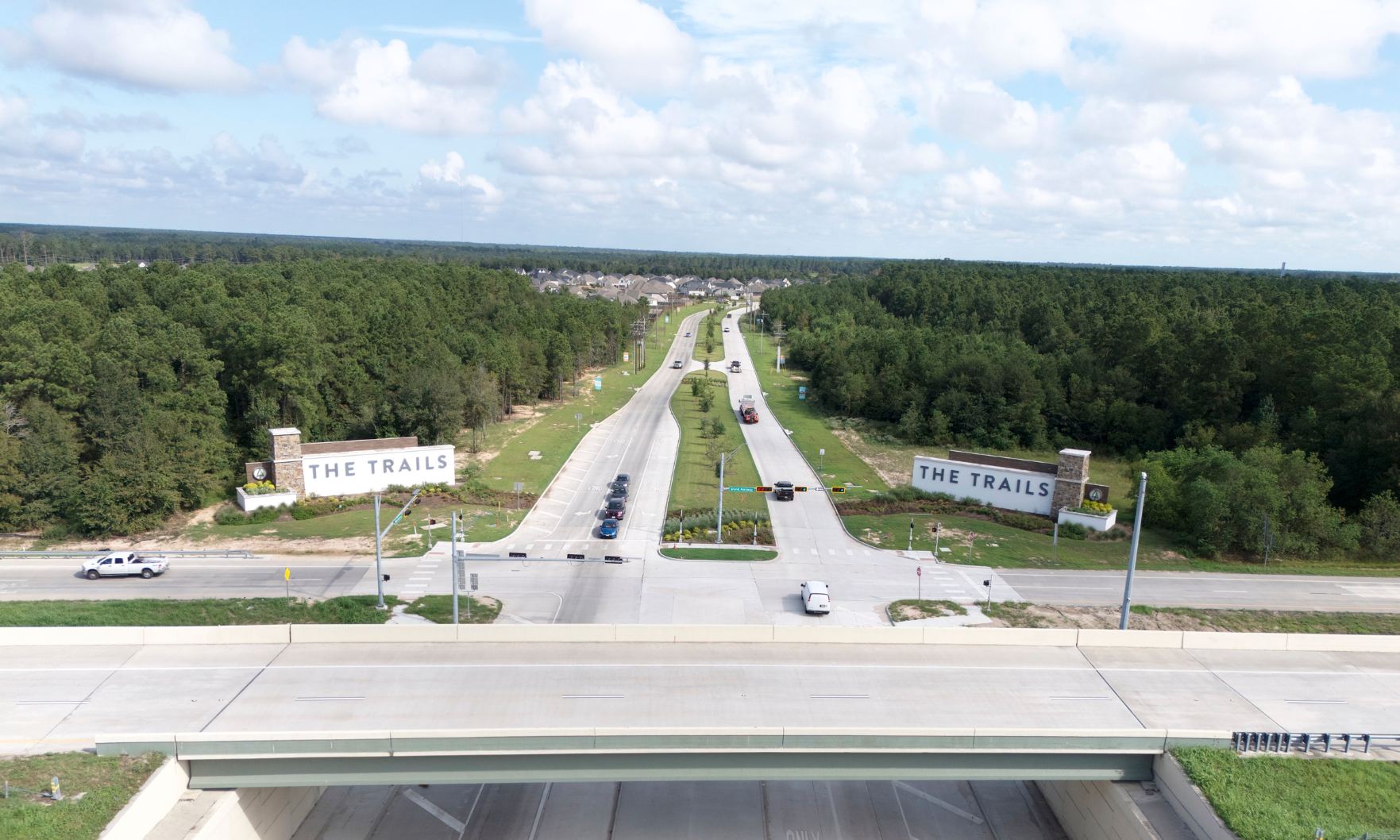 The entrance to The Trails at Plum Grove Road and the Grand Parkway (via Castle Hill Partners)